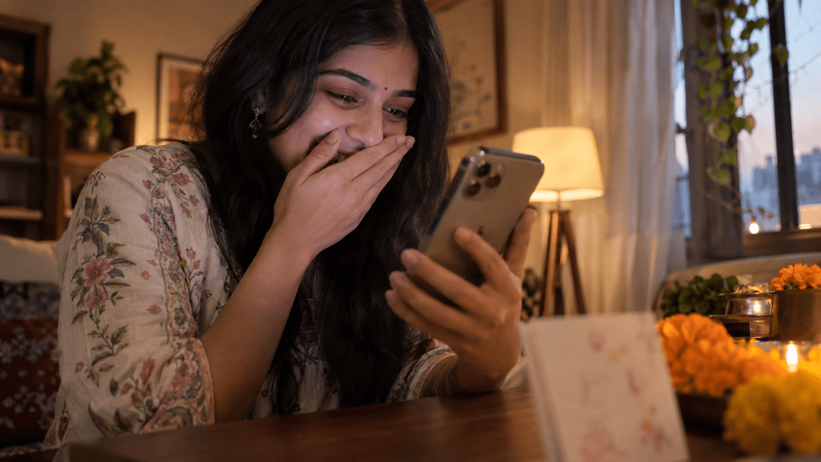 A young Indian woman discovers a personalized birthday song on her phone, with a handwritten birthday card and marigold flowers nearby in warm evening light.