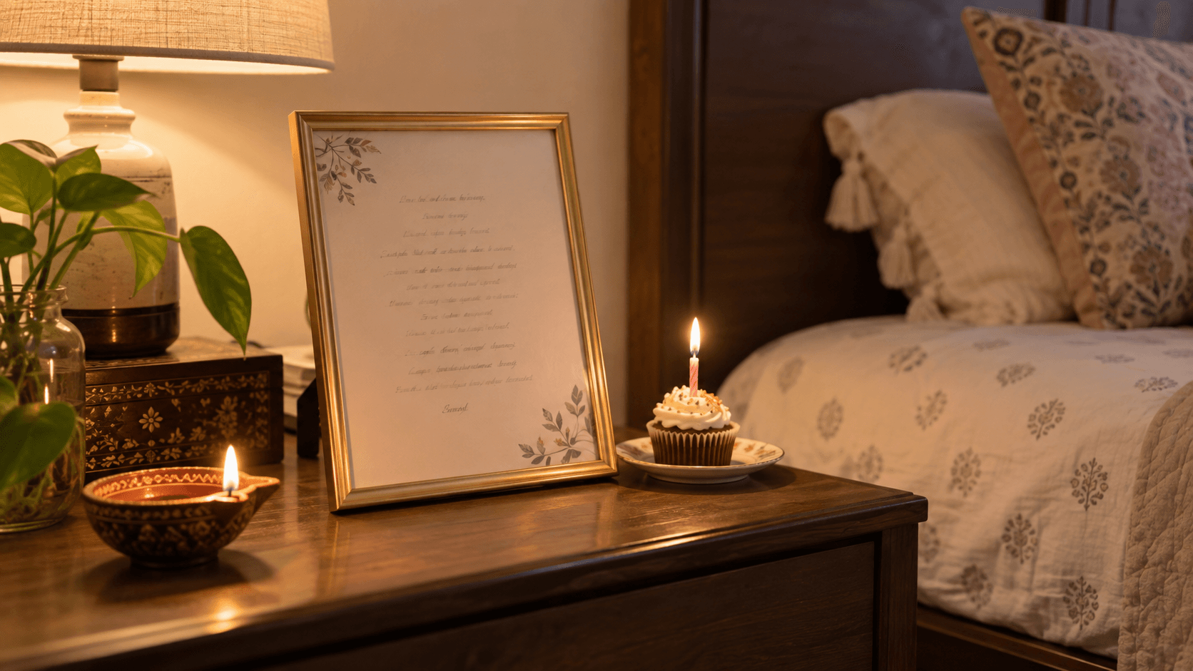 A framed lyric sheet, a lit diya and a birthday cupcake on a bedside table in a warmly lit Indian home.
