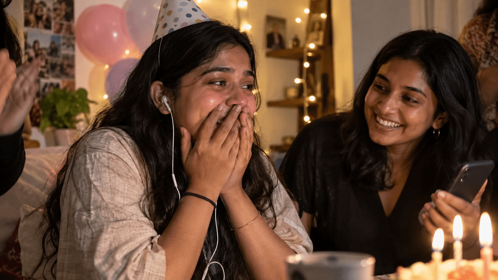 A young Indian woman reacts with happy tears while listening to her birthday song as her friend watches at a small celebration.