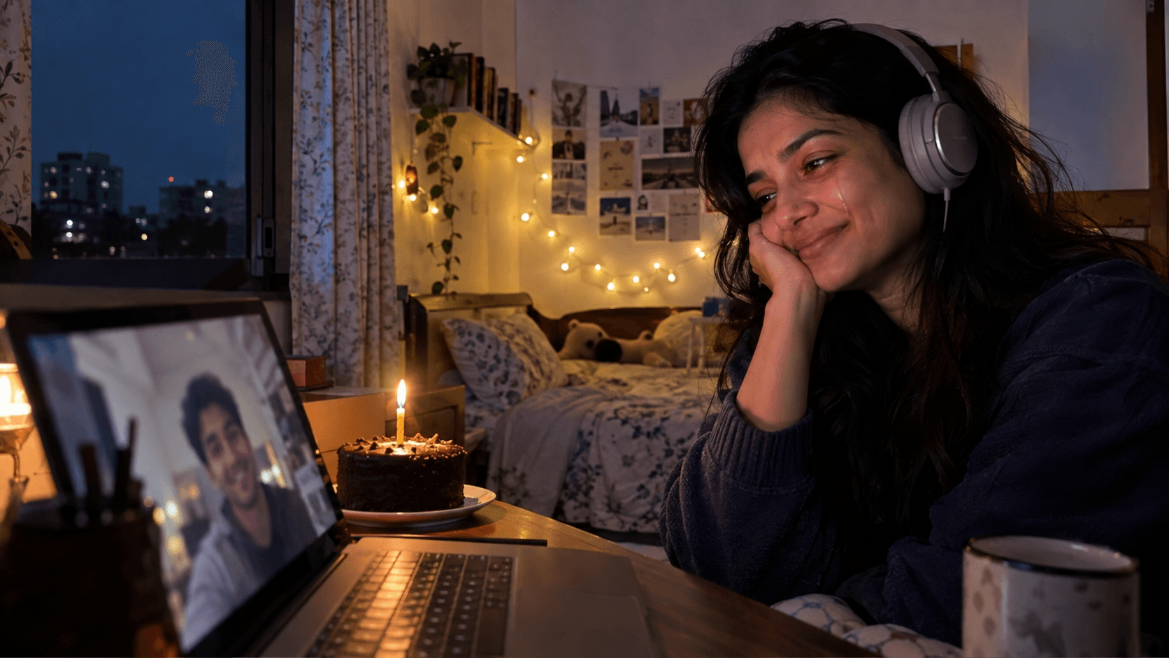 A woman listens to her birthday song by candlelight while a loved one smiles on a video call from far away.