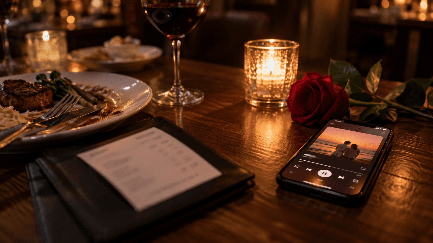 A glowing phone playing a custom song beside a rose and the remains of a birthday dinner in a warmly lit restaurant.