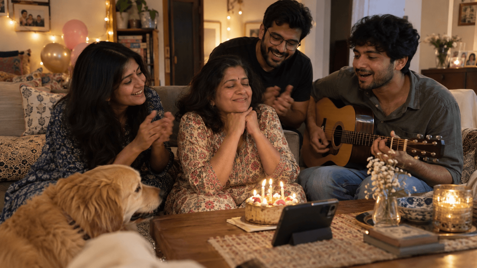 A multigenerational Indian family shares a birthday song in their warmly lit living room.